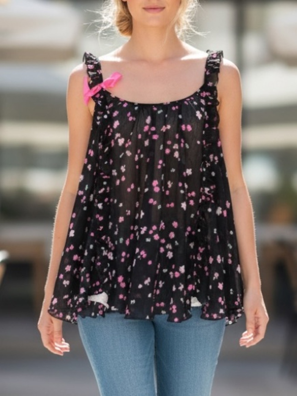 Victoria Secret Floral Tank Top Ruffle Straps Medium Sheer Coquette Playful